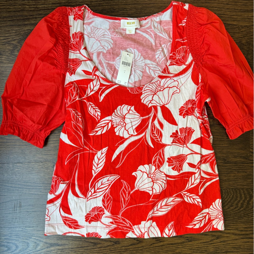 Anthropologie Red and White Puff Sleeve Blouse